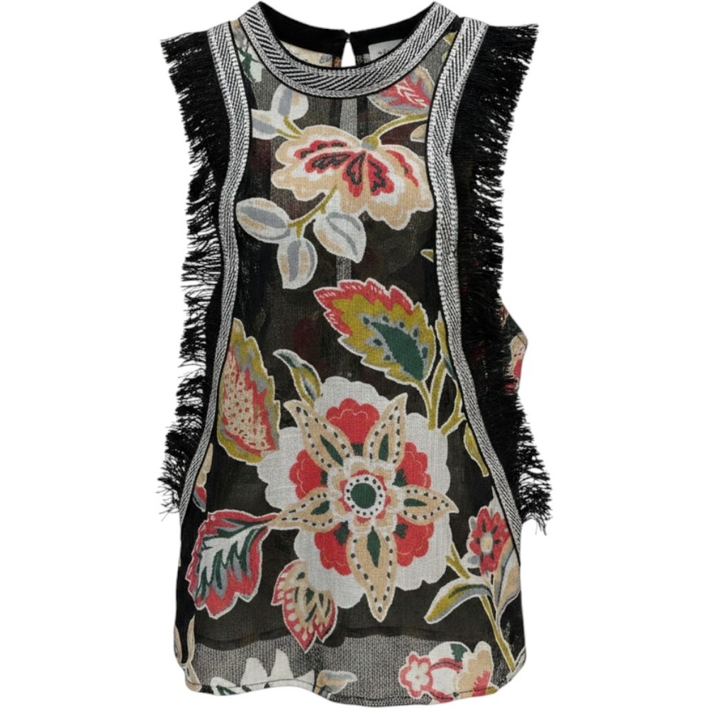 Alice McCall Sleeveless Top Womens Size 2 Black Floral Mesh Fringe Boho Blouse